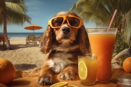 Cute cocker spaniel in sunglasses and orange juice on the beachの素材