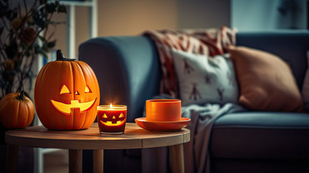 Halloween pumpkins with candles in living room.の素材
