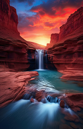 Waterfall in red canyon at sunsetの素材