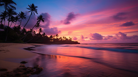 Tropical beach with palm trees at beautiful sunsetの素材