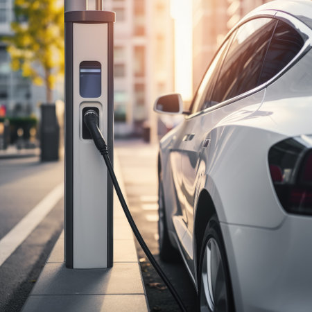 Electric car charging station in city, closeup. Alternative energy conceptの素材