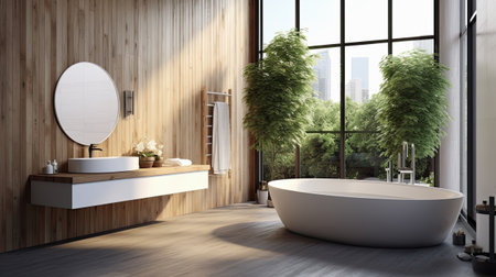 Interior of modern bathroom with wooden walls, concrete floor, comfortable white bathtub and round mirror. 3d renderingの素材