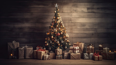 Christmas tree with presents in front of a wooden wall with copy spaceの素材