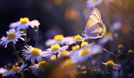 Butterfly on camomile flowers in sunlight. nature backgroundの素材
