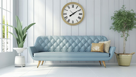 interior with blue sofa, clock and plant,の素材