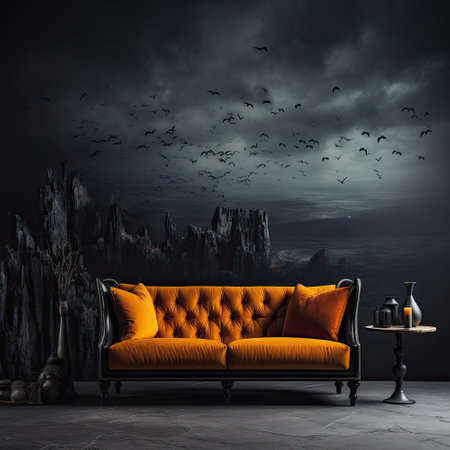 Comfortable orange sofa in dark room with flying bats. concept of halloweenの素材
