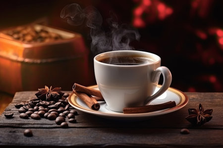Coffee cup and coffee beans on wooden table. coffee backgroundの素材
