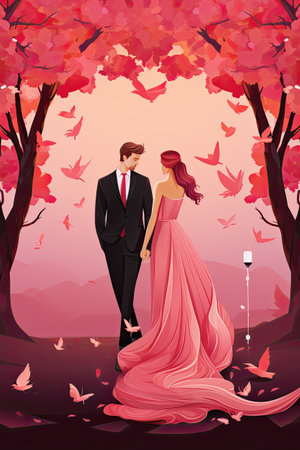 Wedding couple in love in the autumn park. vector illustrationの素材