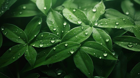 Green leaves with water drops, close-up. Nature background.の素材