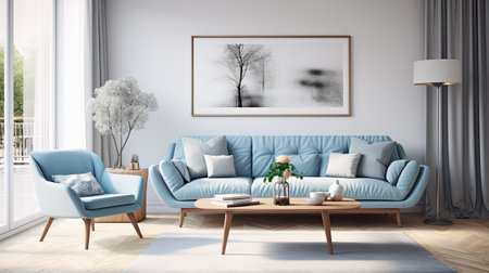 interior with blue sofa and coffee table illustrationの素材
