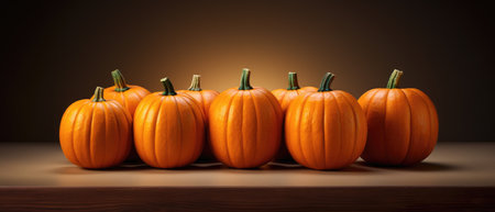Group of orange pumpkins on a wooden table. Halloween background.の素材