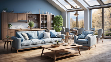 Modern living room interior design with blue sofa, coffee table and wooden coffee table.の素材