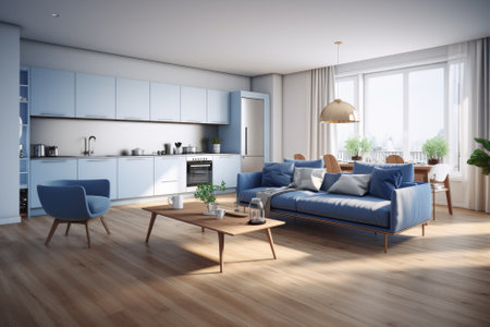 interior of modern bright kitchen with blue walls, wooden floor and blue sofaの素材