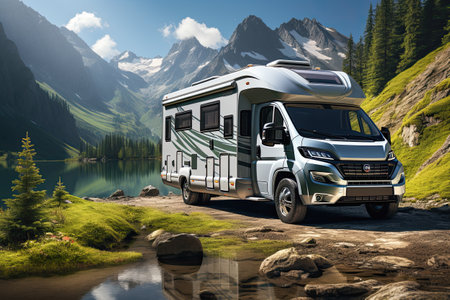 Camper car on the background of mountains and lake.の素材