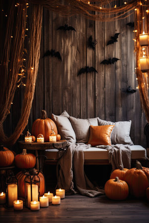 Halloween interior with pumpkins, cozy sofa, candles and bats.の素材