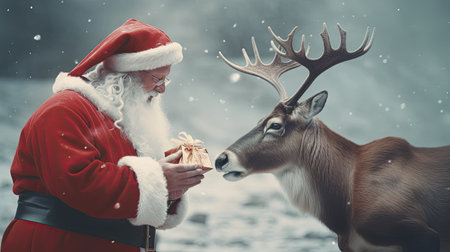 Santa Claus and reindeer in winter landscape. Christmas and New Year concept.の素材