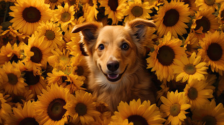 Funny dog in sunflower field. Top view, copy spaceの素材