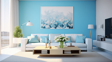 modern living room with blue wall and sofaの素材