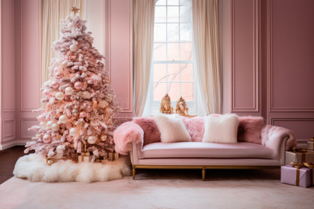 Luxury living room with a pink sofa, a large window and a Christmas treeの素材