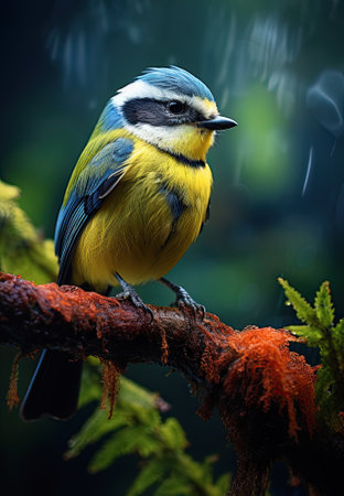 Blue tit on a branch in the rainforest. Wildlife scene from nature.の素材