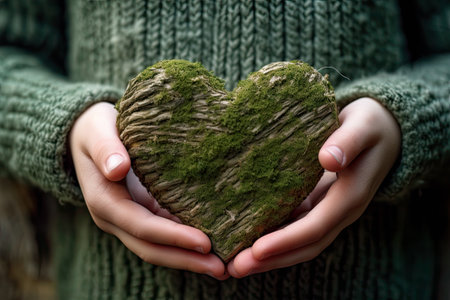 Hands holding a heart shape made of green moss on blurred backgroundの素材