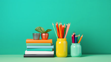 Back to school concept with colorful pencils and books on a green backgroundの素材