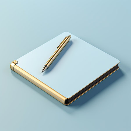 Notebook and pen isolated on blue background.の素材