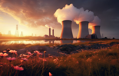 Cooling towers of nuclear power plant at sunset.の素材