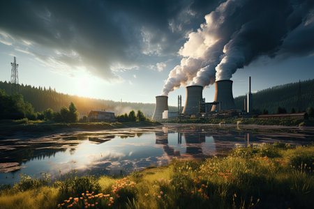 Power plant polluting environment. Global warming and climate change concept.の素材