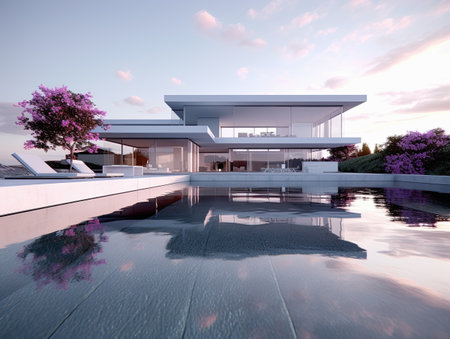 modern cozy house with pool and parking for sale or rent in luxurious style and beautiful landscaping on background. Clear sunny summer evening with blue sky.の素材