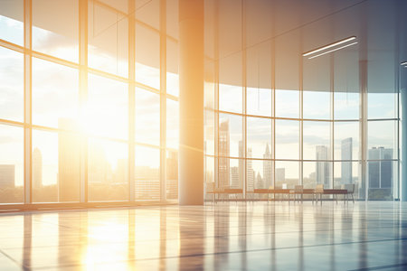 Modern office interior with city view and sunlight.の素材