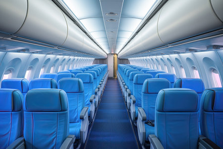 Interior of a commercial airplane with blue seats and open door.の素材