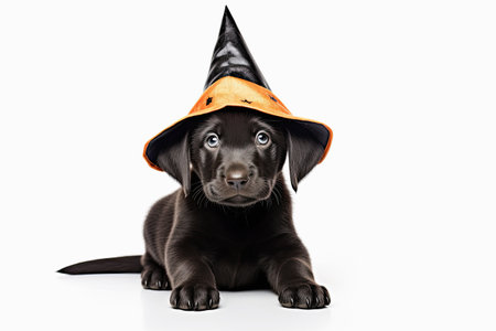 Cute black labrador puppy wearing a witch hat. isolated on white background.Halloween concept.の素材
