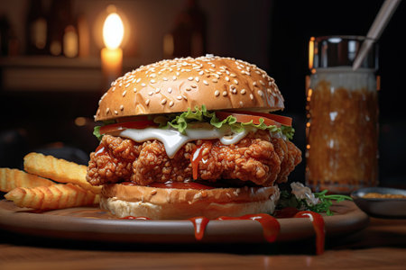 Delicious hamburger with french fries and ketchup on wooden tableの素材