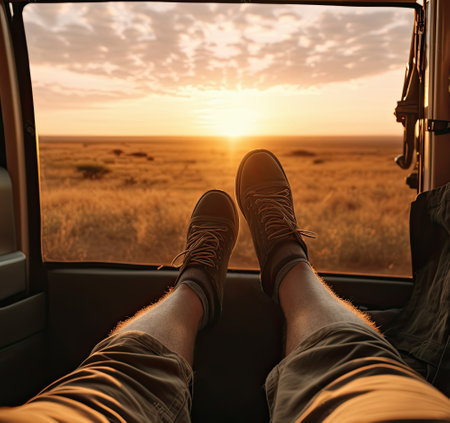 Feet of a man sitting in a camper van at sunsetの素材