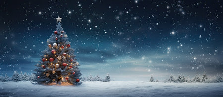 Christmas and New Year background with christmas tree, snow and starsの素材