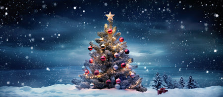 Christmas tree with baubles and stars against snowy landscape with fir treesの素材