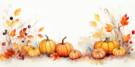 Autumn background with pumpkins and leaves. Watercolor illustration.halloween conceptの素材