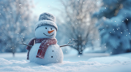 Snowman in winter forest. Christmas and New Year holidays background.の素材
