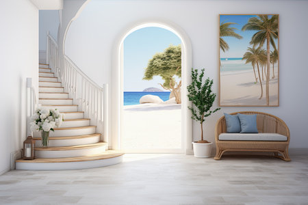 Interior of the room with a wooden staircase, a sofa, a palm tree and a sea view.の素材