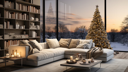 Modern bright interiors 3D rendering illustration. Living room with Christmas treeの素材