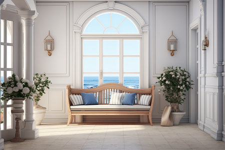 entrance of a villa in light tones, with a wooden bench next to a window overlooking the seaの素材