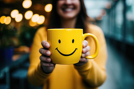 Smiling woman holding a yellow cup of coffee with smiley faceの素材