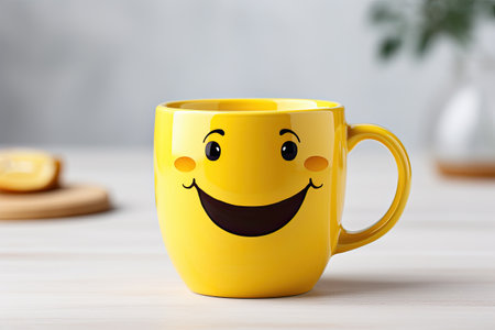 Cup of coffee with smiley face on wooden table, closeupの素材