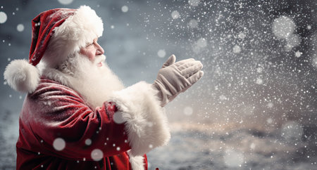 Santa Claus having fun while pointing with his finger at snowfallの素材