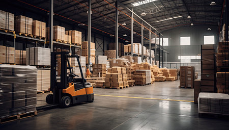 Forklift in warehouse. Distribution warehouse. Distribution warehouse. Indoor warehouse with forkliftの素材