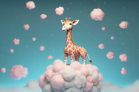 Giraffe sitting on a cloud with pink clouds. 3d renderingの素材