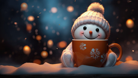 Cup of hot chocolate with cute snowman on winter background.の素材