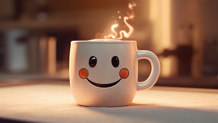 Coffee cup with smiley face on the table at homeの素材