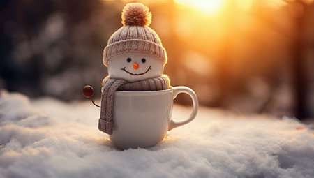 Cute snowman with cup of coffee in winter forest at sunsetの素材